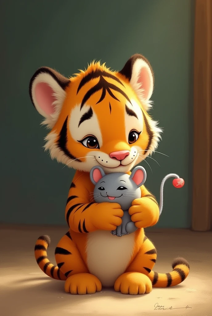 The little tiger Fortunato holding the little mouse