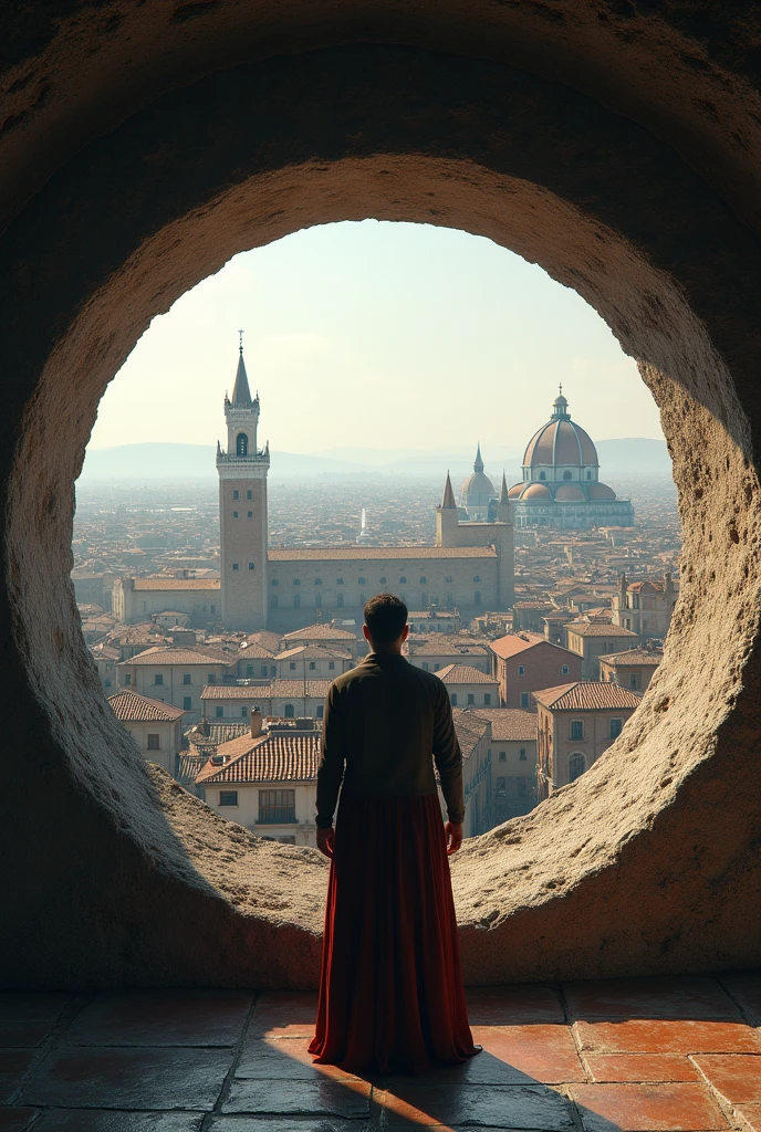 looking at ancient city through circular window
