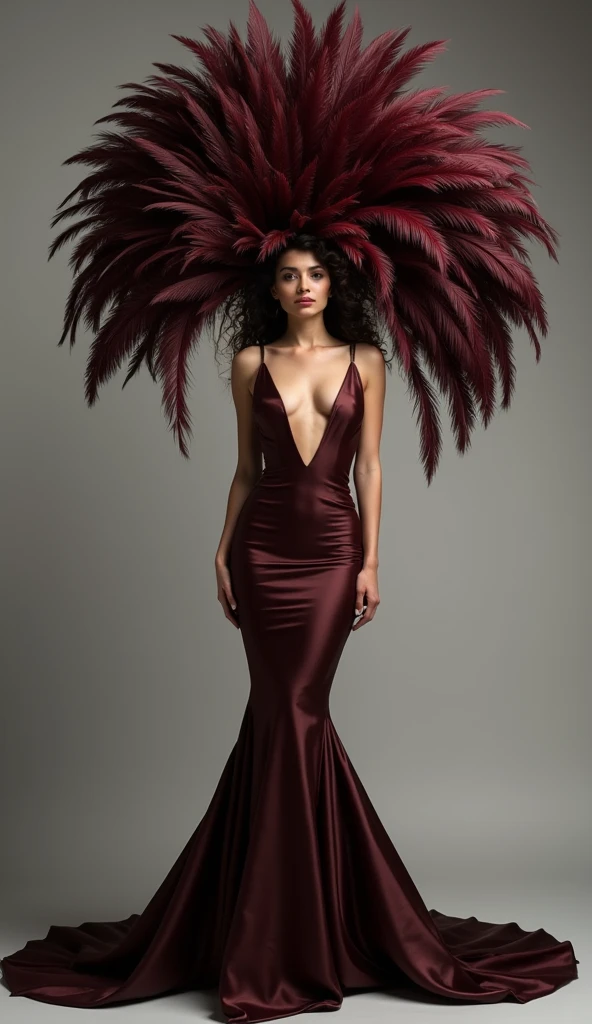 "Dramatic, high-fashion portrait of a female figure in a stunning, dark chocolate-colored gown with a plunging neckline and form-fitting silhouette, the dress accentuated by a large, striking headdress made of lush, majestic feathers in a deep, rich burgundy hue, creating an elegant, avant-garde and visually impactful ensemble, editorial fashion photography, by artists like Alexander McQueen and Jean Paul Gaultier."
The image depicts a captivating female figure wearing an elegant, form-fitting gown in a deep, chocolatey brown color. The dress features a plunging neckline that emphasizes the subject's figure, while the long, flowing skirt creates a dramatic, mermaid-like silhouette. The most striking element is the large, feathered headdress in a sumptuous burgundy shade, which frames the subject's face and adds a bold, avant-garde touch to the overall ensemble. The overall styling and presentation evoke a high-fashion editorial aesthetic.