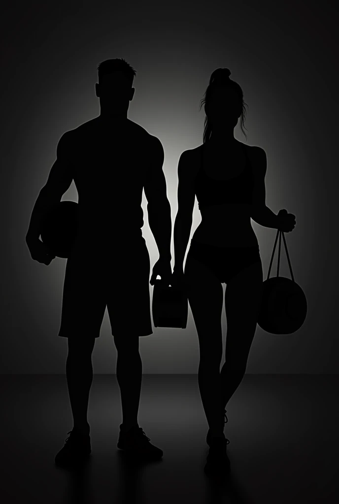 Create a silhouette image of a man and a woman carrying exercise equipment and posing for a Gym cover with a dark background