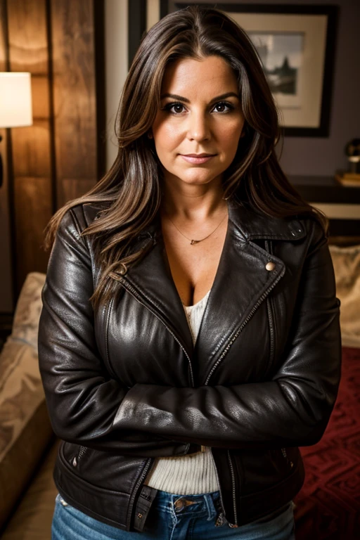 Medium view, of young aged, 25 year old, mom, gilf, milf, face portrait, jewish features, chubby, long hair, sweater, leather jacket, in cozy home, sweaty, crossed arms, stern look