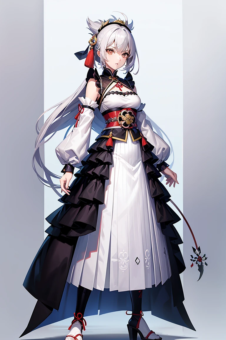 design de anime garota, garota de roupas coplexas, design de roupas inspiradas em samurai, garota full body, design de personagem, fundo branco, samurai garota, samurai tradicional.