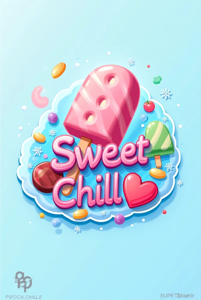 create a logo for a company that sells frozen and regular sweets, com o nome sweet chill , using main object candy, with ice , not so cute and not so flashy , that pleases the public, an audience , using a lollipop and other sweets,with the name sweet chill written