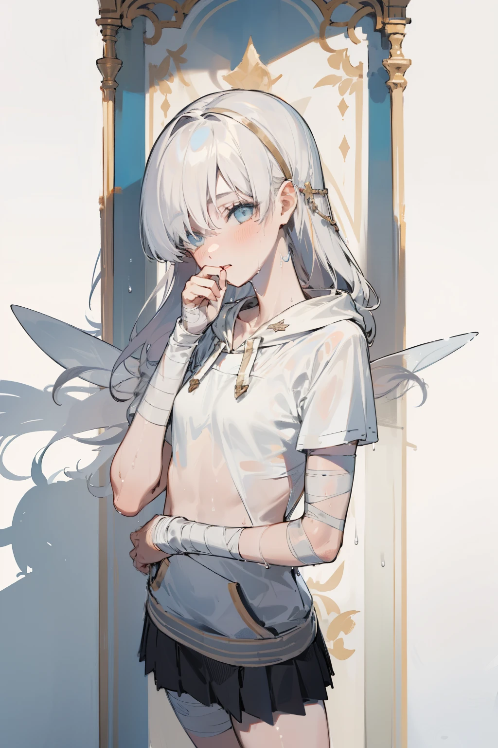(Masterpiece), (High Quality), perfect light and shadows, sidelight, fairy skin, wet skin, 1 Girl, detailed eyes, deep colds eyes, clear eyes, slim body, bug chest, thin waist, athletic body, multi color hair, bandages, Fashioning cloth, hoody, short skirt, thin t-shirt, bra.