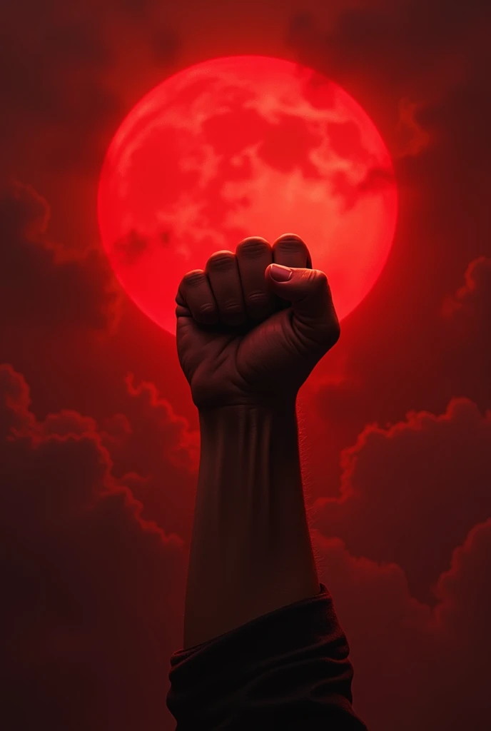 A strong hand raised against a dark red background extolling a reddish solar eclipse with an apocalyptic scenario