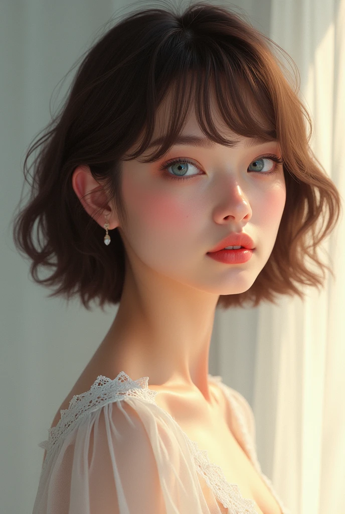 realistic image of girl with brown hair , short and with bangs. light blue eyes. Tall and slender