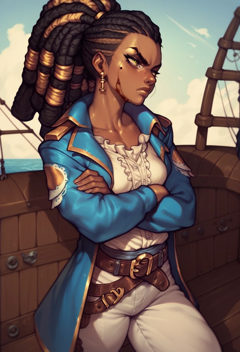 black pirate woman with long dreadlocks tied in a ponytail, yellow eyes clothes covered in blood, small breasts, blue coat, white pants, white oversized shirt, serious face,  belts all over her body, stormy weather, dark sky, on ship, hands crossed, badass