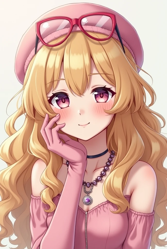 An anime woman with long curly blonde hair with pink glasses on her head wearing a pink beret and long pastel pink gloves with necklaces and a cute expression