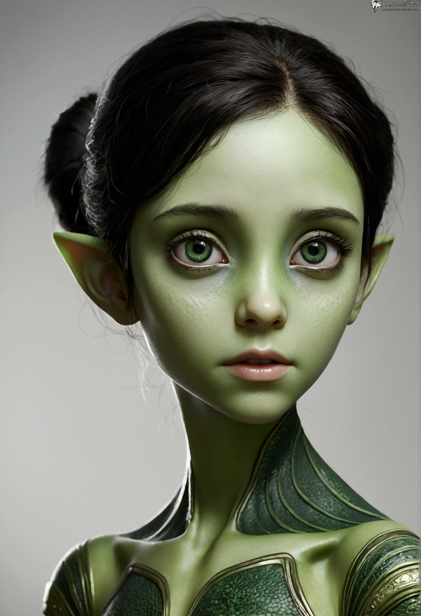 Realistic, humanoid, female, green skin, younger , dark hair, big eyes, farther apart eyes, shy, antennae, alien like