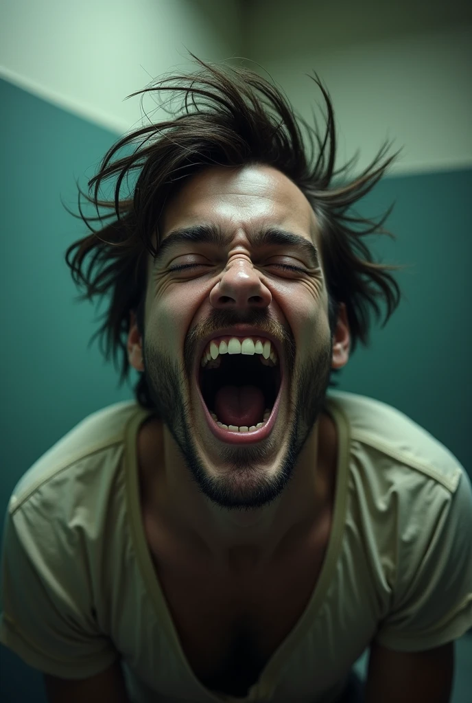 Crazy handsome and sexy laughing in a mental hospital 
