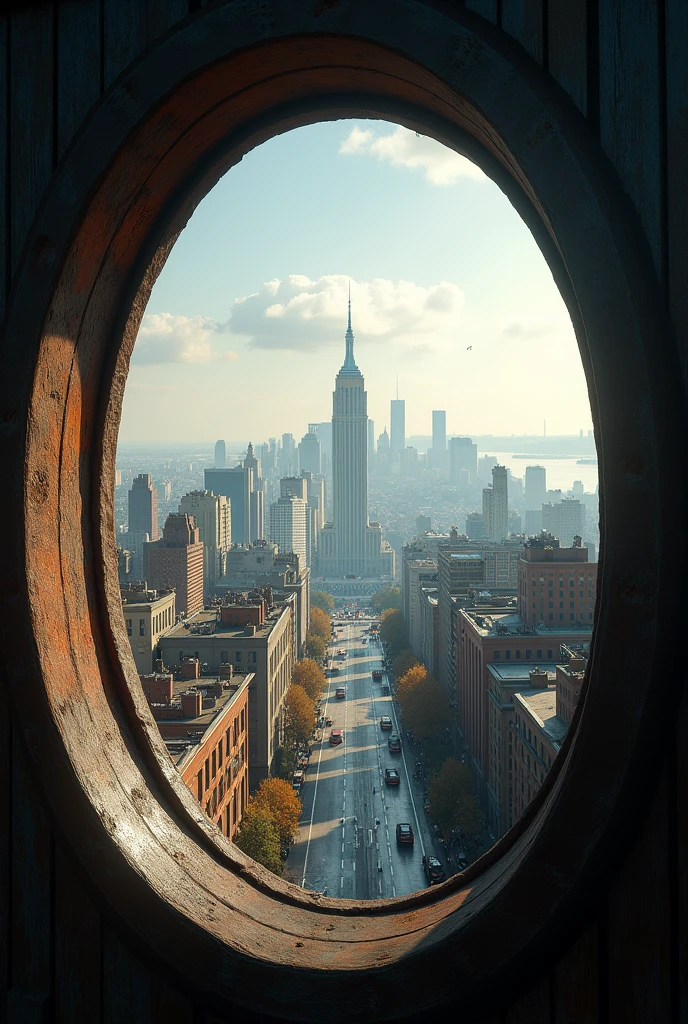 looking at 1945 city through circular window