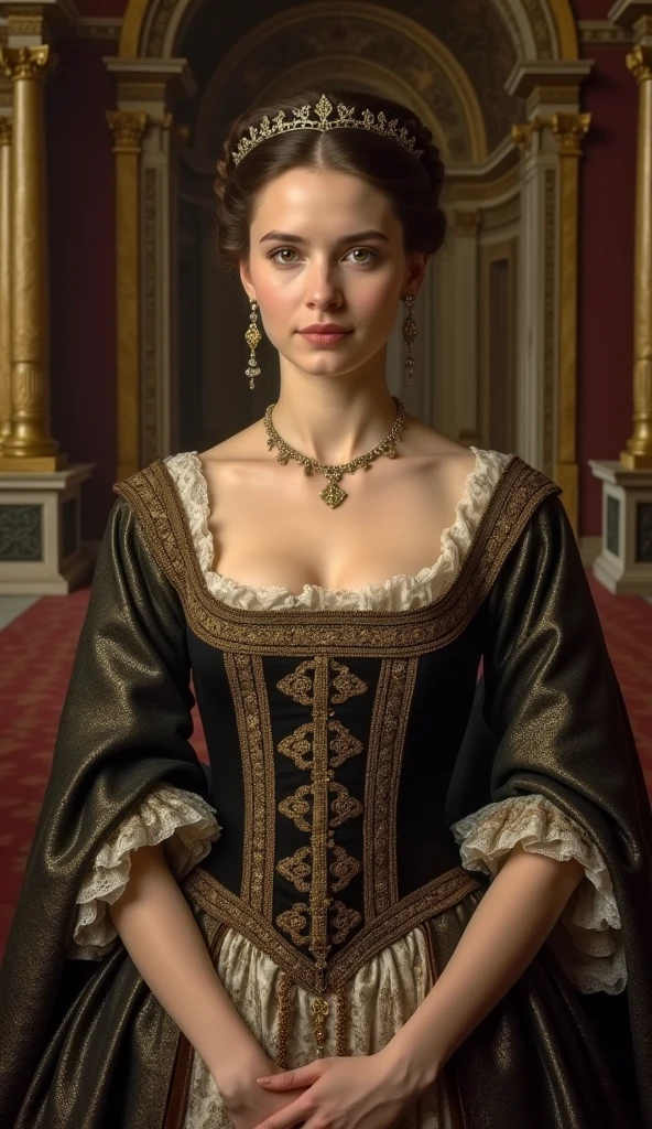 Front view, Full-body, 13 century, looking at viewer, Germany White girl, Germany queen, 30 age-old, (dark brown hair, hair bun, little lip, little smile ) (tiara, earring), (middle breasts, slender whist, middle hip), slender body,(ancient old fashion, courtly romance),on floor, German Palace, night (masterpiece, Highest quality, masterpiece, God-like quality, Godly art, Very realistic),