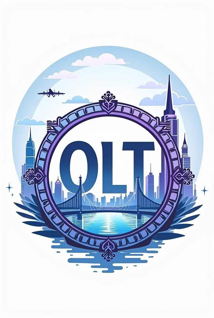 Create a Travel Company Logo, with the initials OLT highlighted, with blue and light purple colors, with a very detailed circle around the initials and with a background of cities