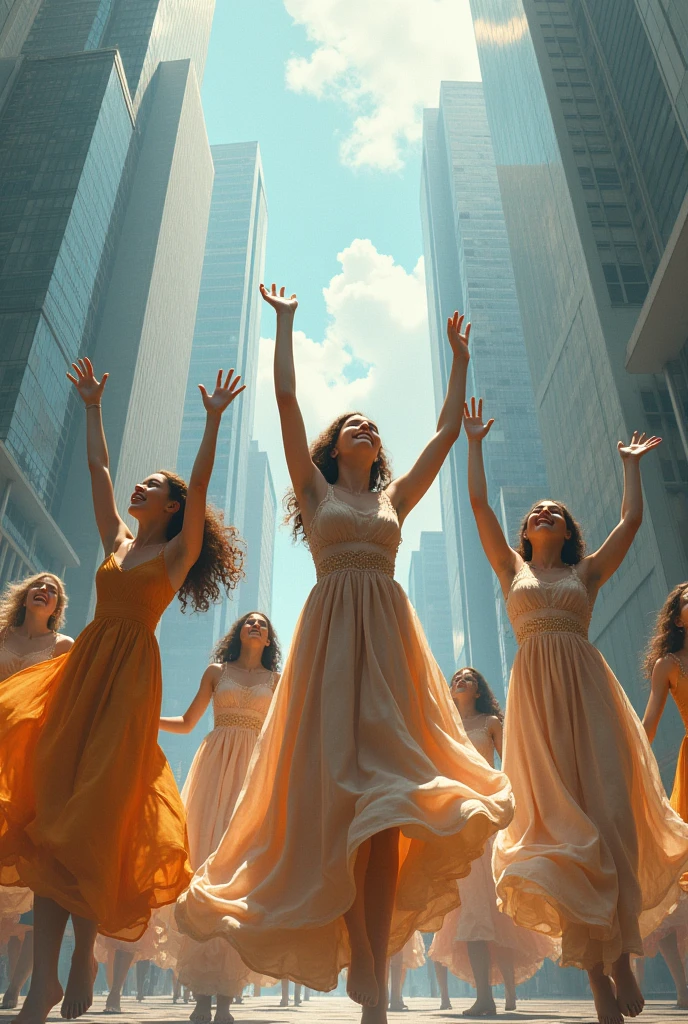 Create a group of people, men, children and women dressed in dresses,with raised hands flying towards the sky of a modern city square