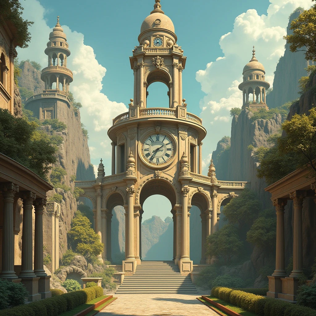 arafed structure with a clock on top of it in a park, surrealistic roman architecture, rotunda, ornate city ruins, archs and columns, san francisco, high quality architectural art, giant majestic archways, art nouveau temple, ornate architecture, hyperdetailed photograph, architecture carved for a titan, monumentally art composition, inspired by Gustave Boulanger