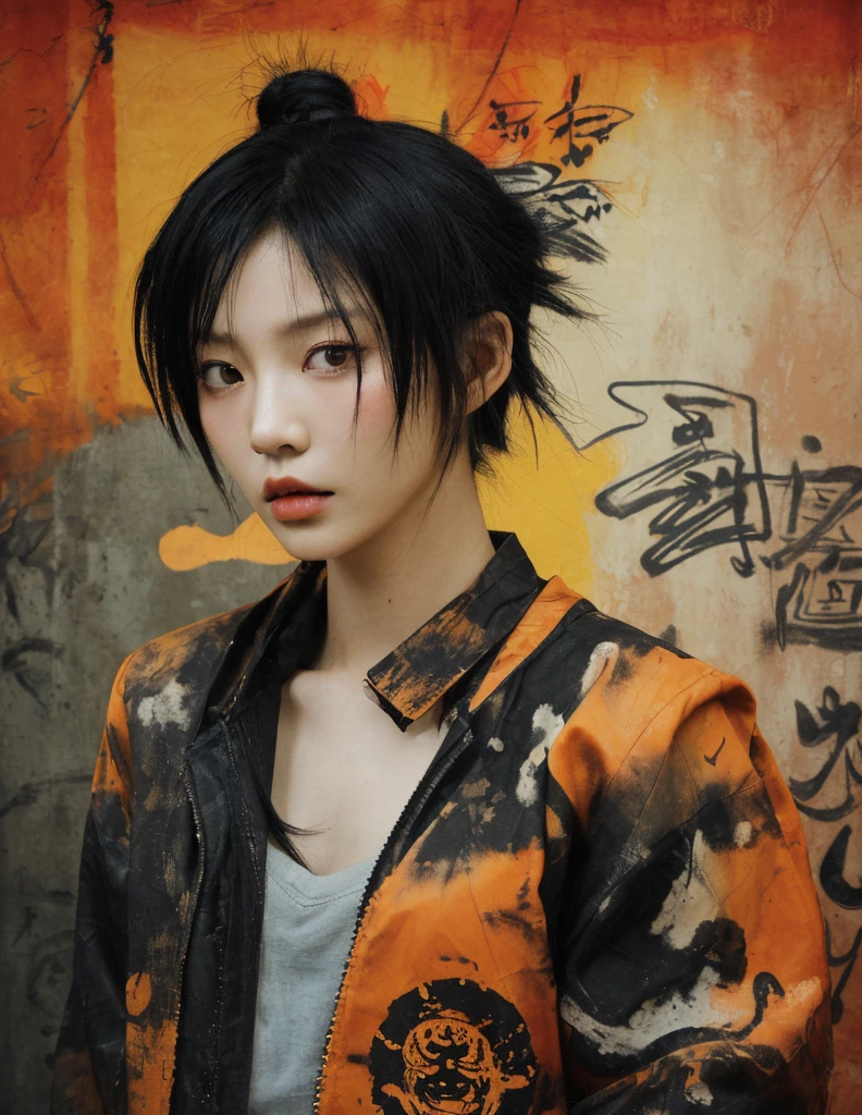 Asian woman, beautiful face, black and orange color tones, wabi-sabi art,  abstract , punk collage ,  urbanpunk, flowerpunk, random textures, random graffiti strokes,  kanji characters, surreal artwork, Impermanence
