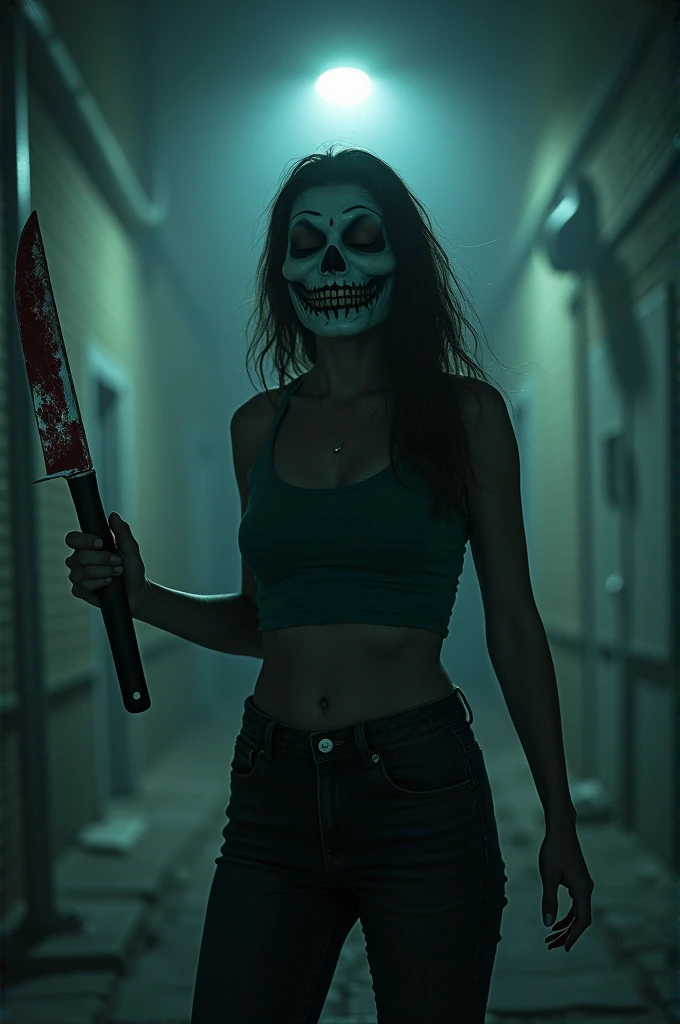 A woman with a surgical mask, revealing a grotesquely wide smile with a blood-stained knife in hand, standing under a flickering streetlight. Horror, scary, creepy