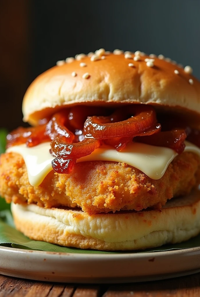 homemade chicken fillet burger,, mozzarella cheese and sweet and sour onion
.