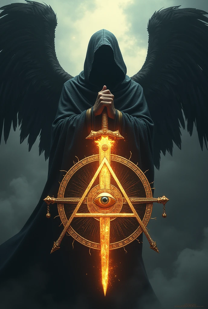 generate an intertwined square and compass and the all-seeing eye above them, in the background you can see an angel with a black hood with a flaming sword