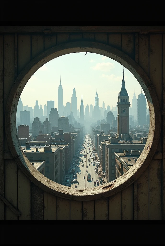 looking at 1945 city through circular window
