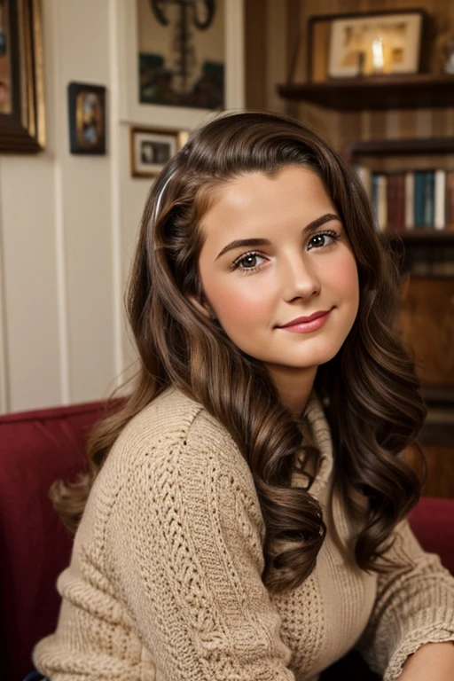 Medium view, of young aged, 16 year old, mom, gilf, milf, face portrait, jewish features, long hair, brown hair, 1940s hair style, 1940s clothing, in cozy home,