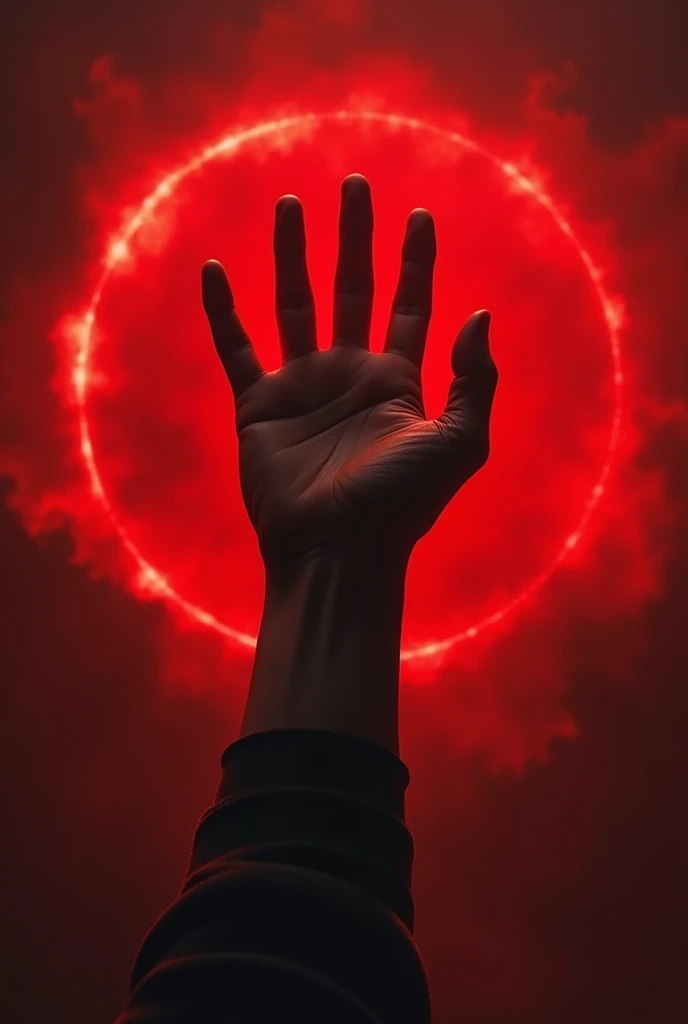 A strong open and raised hand with a dark red background exalting a reddish solar eclipse with an apocalyptic scenario