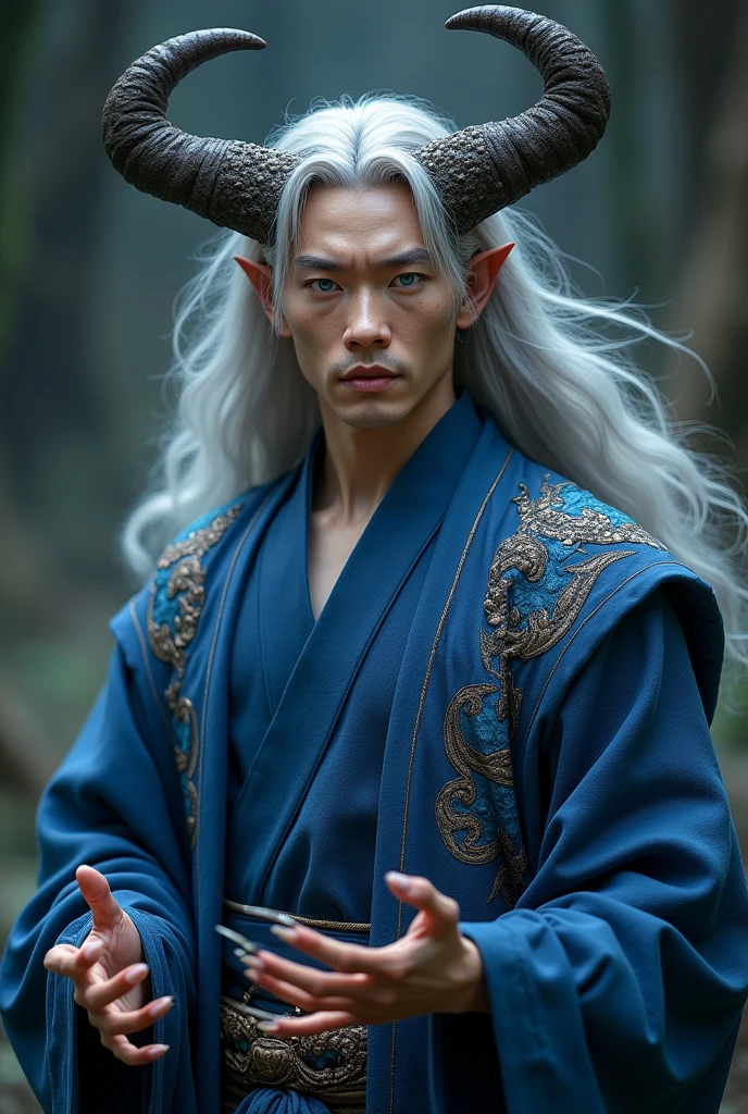 A 30 year old Asian man with bright blue eyes and beautiful grey hair, with horns, with blue Irotomesode with oni details, sharp claws on hands