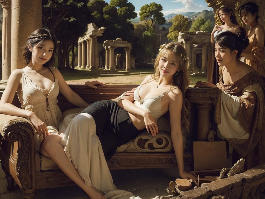 portrait or statue、Ancient Roman ruins、Poussin-style landscape、smile、Sweet and enchanting appearance、caravaggio's paintings、caravaggio's chiaroscuro、hair blowing in the wind、two women having fun、A big smile、expression of ecstasy、expression of ecstasy、sexly、Full-body details
one woman with blonde hair. other woman with black hair with bangs.