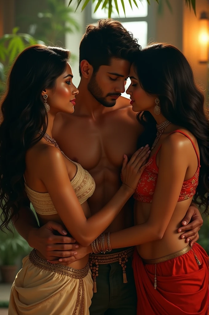3 indian girls kissing one man