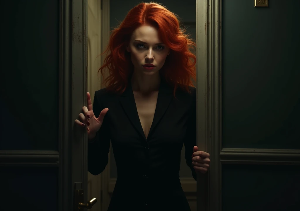red-haired woman,opening a door leading her to a wall,background of darkness