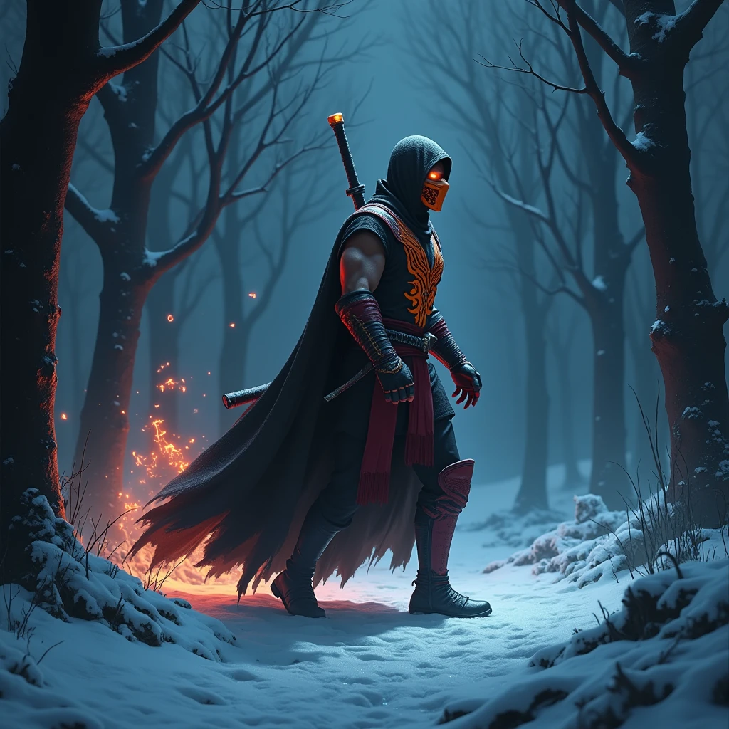 (masterpiece:1.2) (best quality) (detailed) (intricate) (8k) (HDR) (wallpaper) (cinematic lighting) (sharp focus), MKX Scorpion from mortal Kombat, Scorpion standing menacingly in an ice forest,dark lighting, dynamic angle, dark back ground,heat emanating from scorpion,Ray tracing,anime artstyle,side view of scorpion walking past a tree