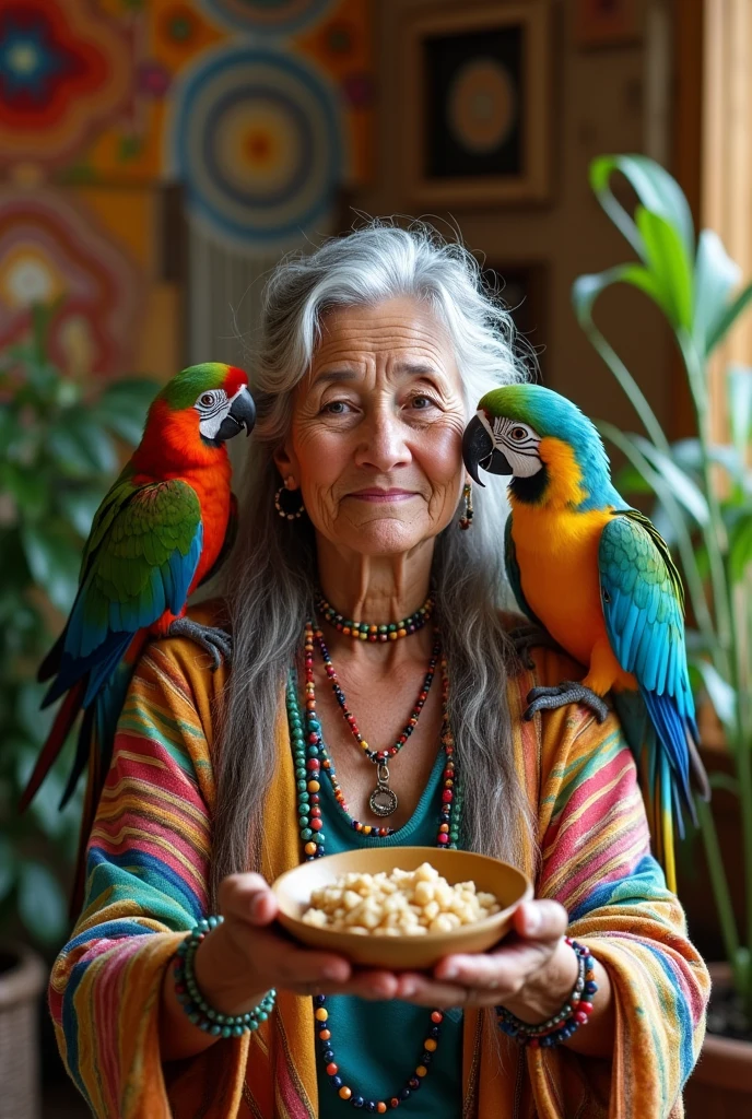 67-year-old lady of Mexican nationality, which is hippie and bohemian, feeds his chameleon Irvin and his parrot Mario