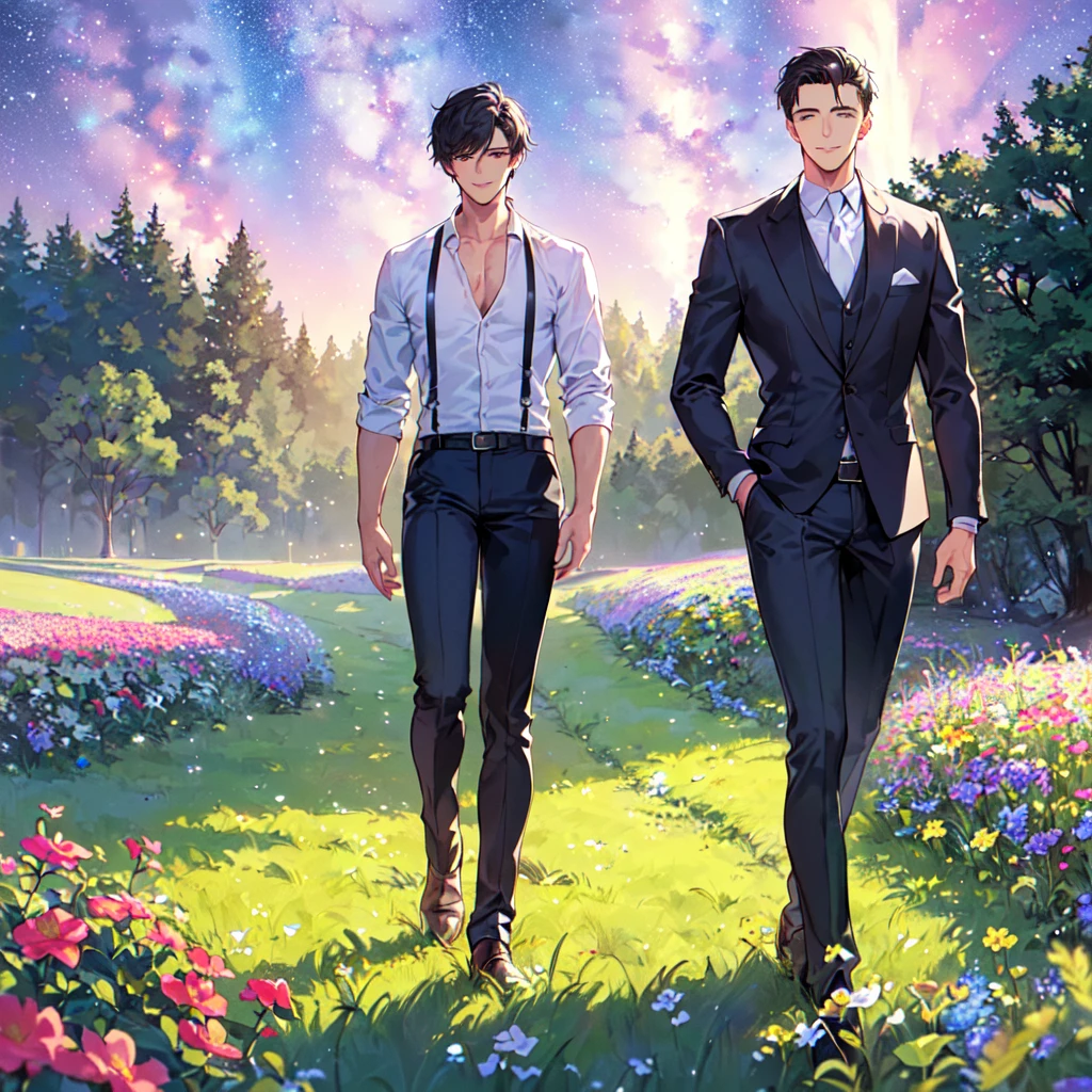 masterpiece,best quality,high quality,(1 male austere handsome solo adult age 30 years old:1.5), purple eyes, cool with suspended eyes, V-shaped eyebrows, body strong and fearless 8.5 head tall, height 185cm, (well-groomed black short hair to neck:1.4), (bangs 7 thirds parted:1.4), slender nose, facial muscles, throat, (pants in dew grass summer fashion:1.3), (walking:1.3), (stylish pose), (cool smile:1.3), (background dew grass summer flower field:1.3) , (Milky Way Night Sky:1.3)