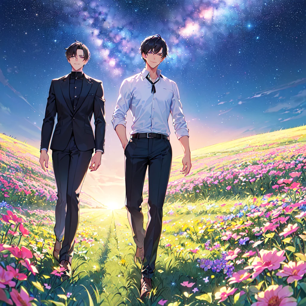 masterpiece,best quality,high quality,(1 male austere handsome solo adult age 30 years old:1.5), purple eyes, cool with suspended eyes, V-shaped eyebrows, body strong and fearless 8.5 head tall, height 185cm, (well-groomed black short hair to neck:1.4), (bangs 7 thirds parted:1.4), slender nose, facial muscles, throat, (pants in dew grass summer fashion:1.3), (walking:1.3), (stylish pose), (cool smile:1.3), (background dew grass summer flower field:1.3) , (Milky Way Night Sky:1.3)