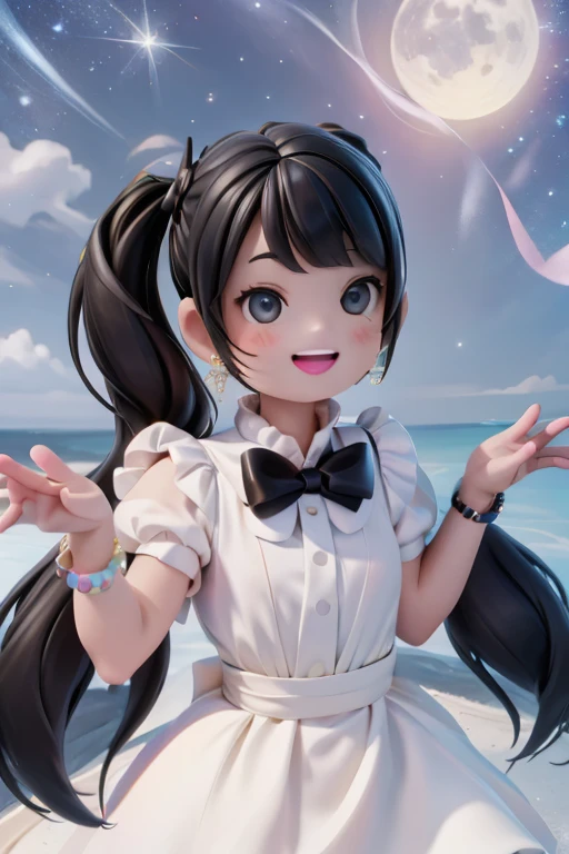 a joyful girl smiling, open mouth smile, bright eyes, black hair, hairbow, earrings, choke, bracelet, extremely happy, open arms, feeling the wind, birds flying around, moonlight rays, full moon, starry sky, a lot of lanters