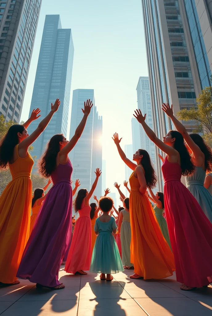 Create a group of people, men, children and women dressed in dresses,with raised hands reaching towards the sky in a modern city square