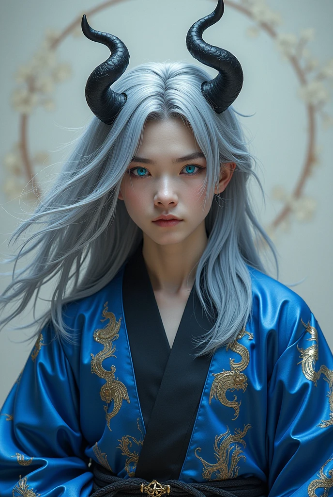 A 30 year old Asian man with bright blue eyes and beautiful grey hair, with horns, with blue Irotomesode with oni details, razor-sharp claws.

