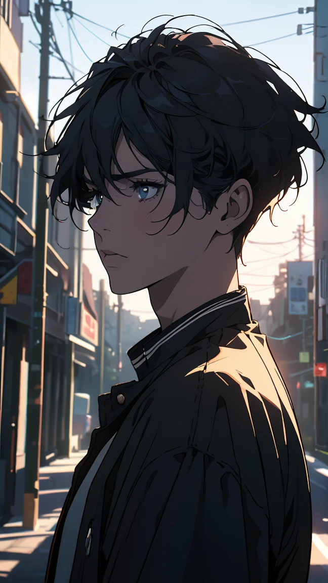 a rebellious high school student, intense gaze, wearing a jacket, short hair, two-block hairstyle, dyed hair, (best quality,4k,8k,highres,masterpiece:1.2),ultra-detailed,(realistic,photorealistic,photo-realistic:1.37),highly detailed portrait, moody and edgy aesthetic, dramatic lighting, vibrant colors, gritty urban environment, cinematic composition
