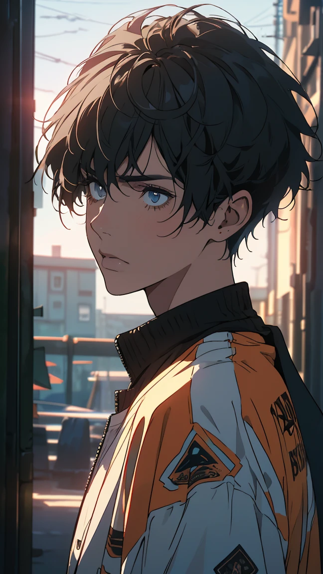 a rebellious high school student, intense gaze, wearing a jacket, short hair, two-block hairstyle, dyed hair, (best quality,4k,8k,highres,masterpiece:1.2),ultra-detailed,(realistic,photorealistic,photo-realistic:1.37),highly detailed portrait, moody and edgy aesthetic, dramatic lighting, vibrant colors, gritty urban environment, cinematic composition