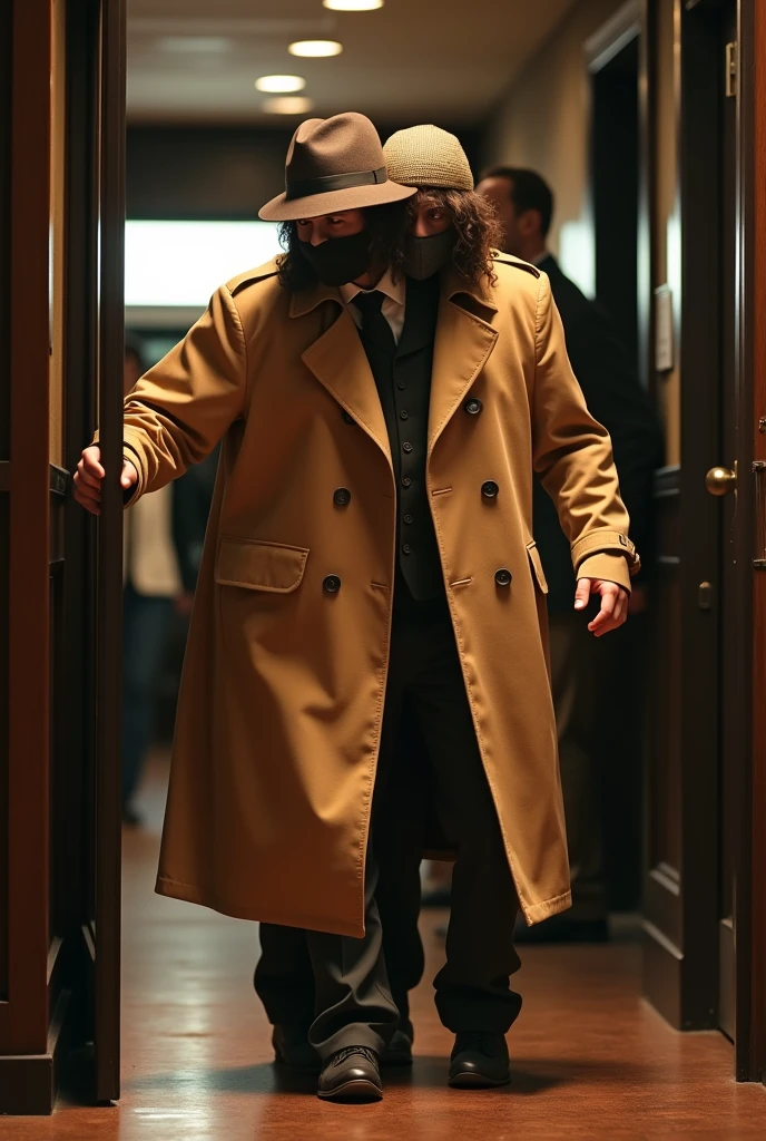 two people stacked in a trench coat, tan trench coat, wig, hat, sneaking into movies