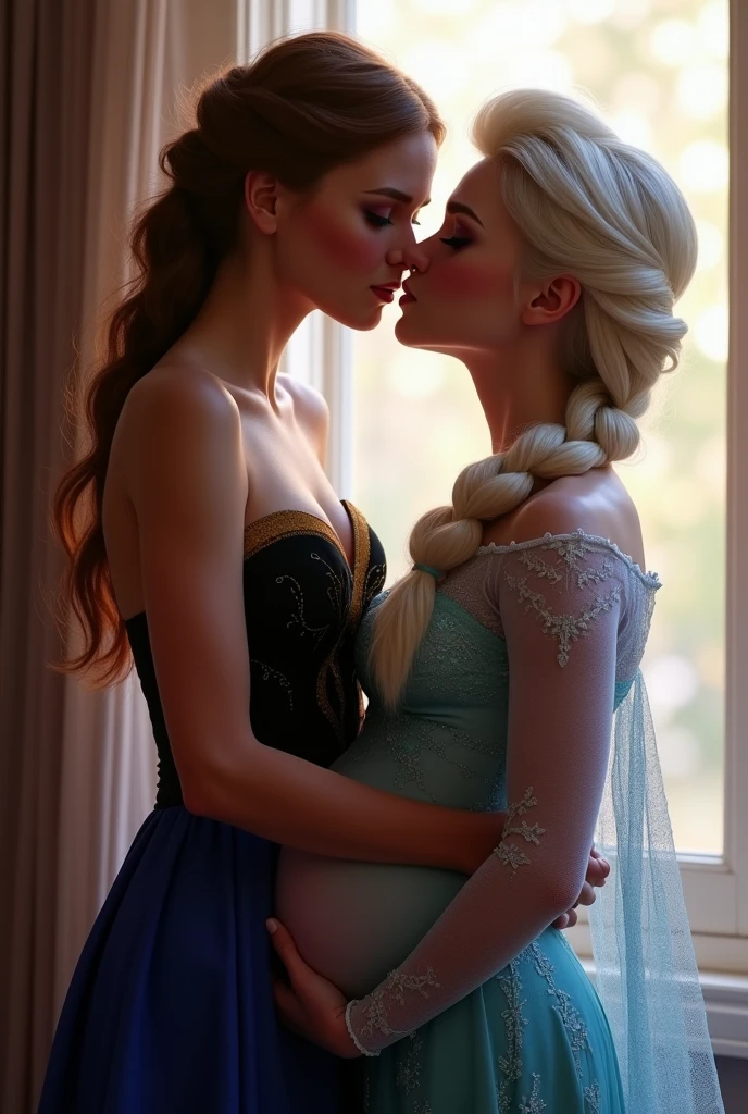 A stunning portrait of Anna holding Elsa, Elsa is pregnant, holding her belly, young and beautiful, hyper realistic, real portrait, backlit, exquisite features, cleavage, sexy, seductive, window, natural light, soft light, kissing, deep kissing, French kissing, romantic