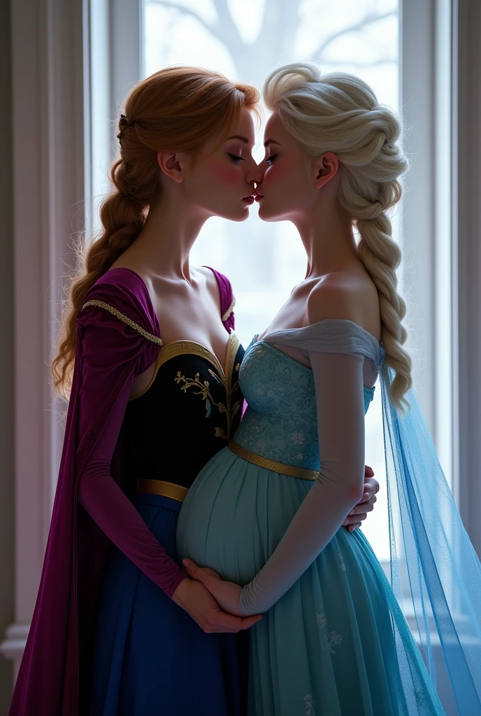 A stunning portrait of Anna holding Elsa, Elsa is pregnant, holding her belly, young and beautiful, hyper realistic, real portrait, backlit, exquisite features, cleavage, sexy, seductive, window, natural light, soft light, kissing, deep kissing, French kissing, romantic