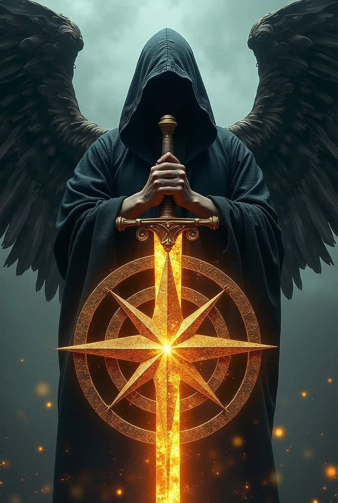 generate an intertwined square and compass and the all-seeing eye above them, in the background you can see an angel with a black hood with a flaming sword