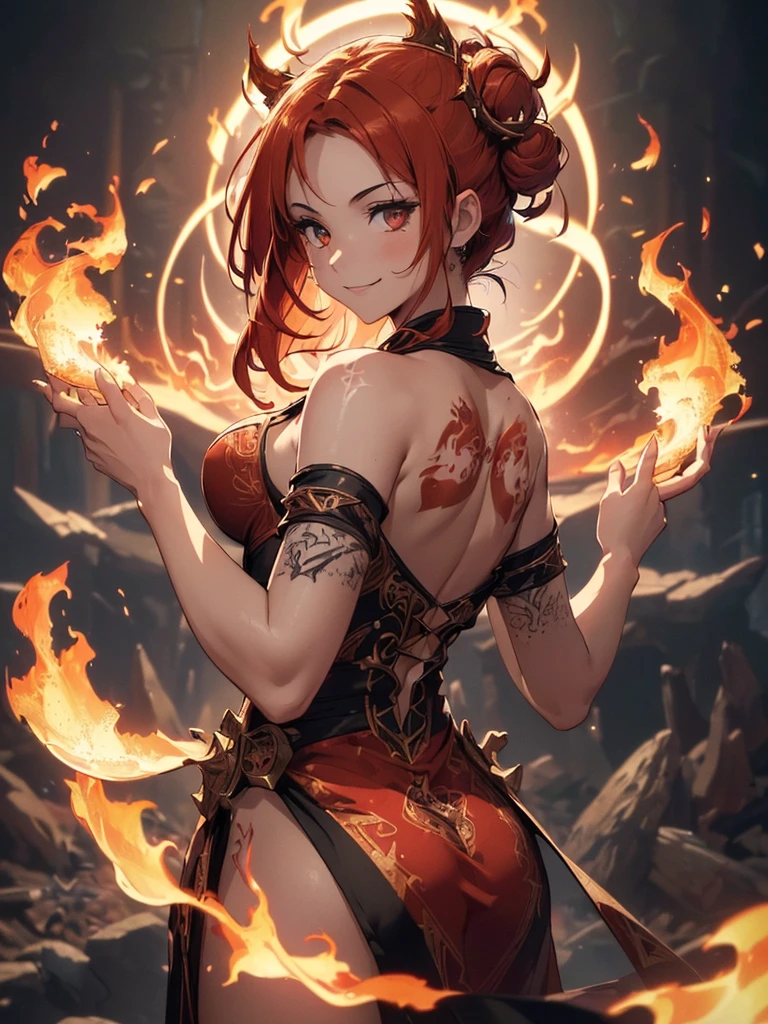 (((best quality, sharp image, clear image, cinematic lighting, 8k resolution, masterpiece, ultra detailed, intricate))) Girl, (((looking over left shoulder))), ((zoom in)), fire mage, ((intricate background)), ((chaotic background)), red hair, smiling, ((flame runes, flame sigils)), (tatoo on back), slim figure, flying sigils, long dress, cute
