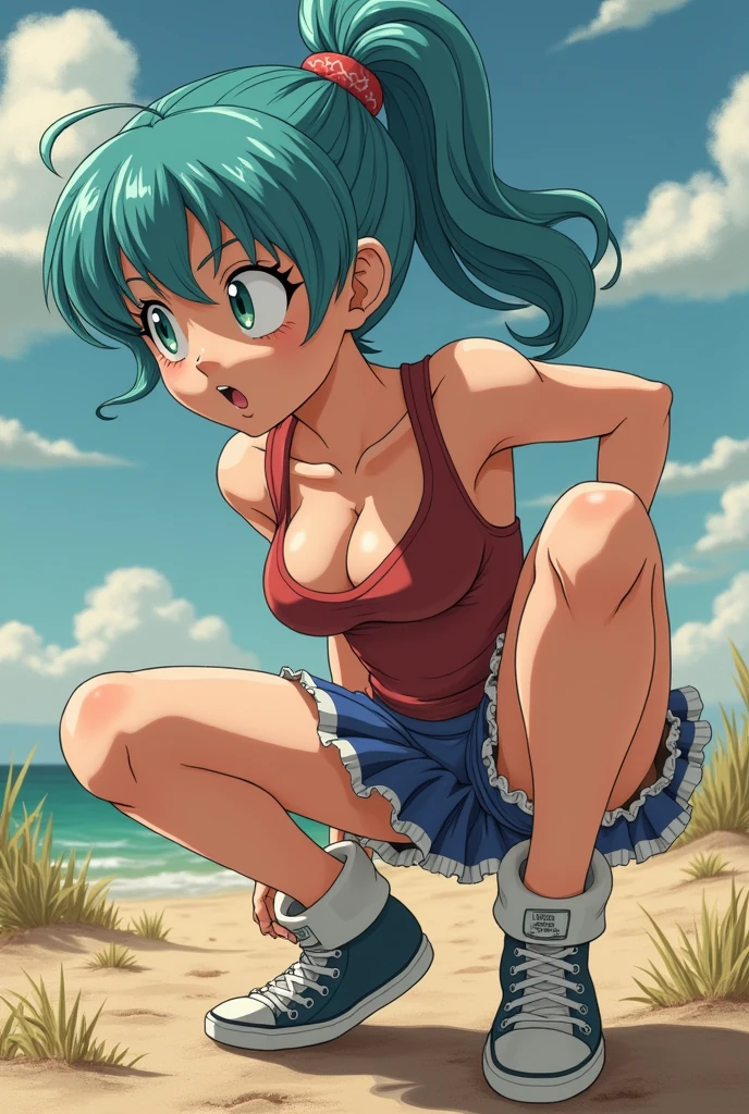masterpiece,highest quality,High resolution,Dragon Ball,blmsdup,bloomers,aqua hair,one side up,Completely naked,long sleeve,clavicle,medium breasts,outdoor,Are standing,cowboy shot,(dress lift:1.2),evil smile,