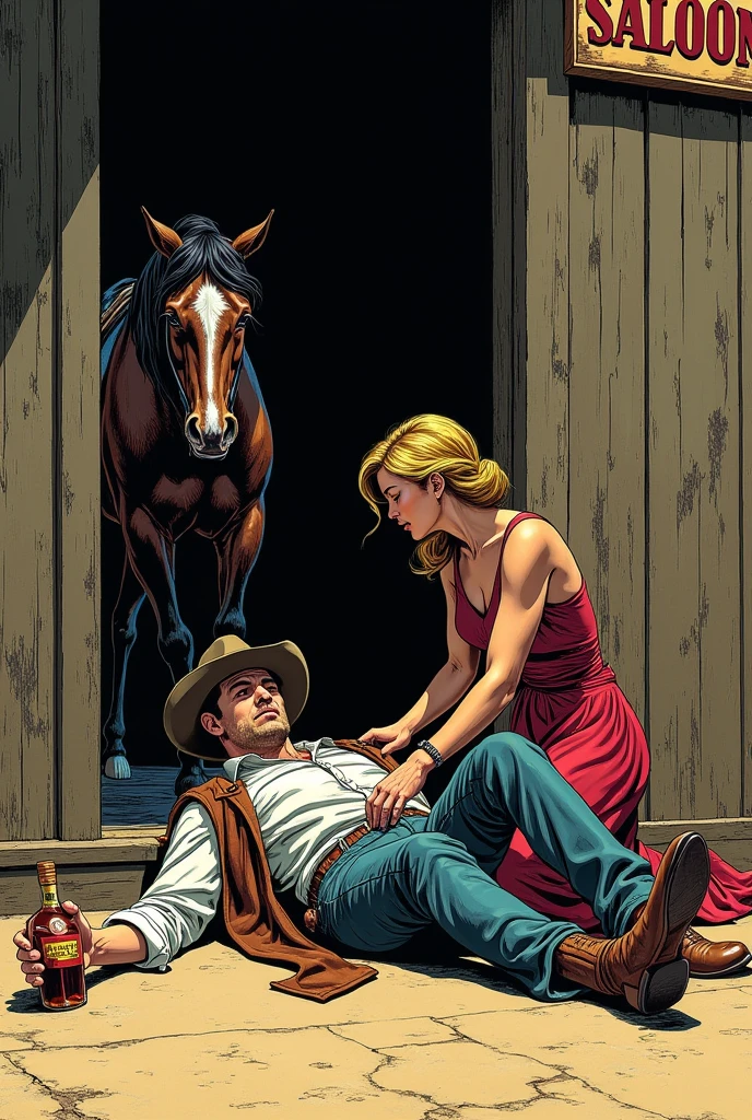 Hyperrealistic color comic 1950s a drunk cowboy lying outside with a bottle of liquor in his hand at the door of a saloon his horse next to him in the American Wild West a woman helps him up