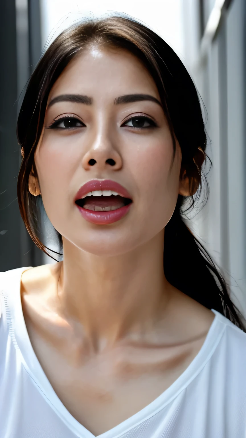 Beautiful Japanese actresses,1 person,flying debris,,Award-winning photo, Very detailed, Focus your eyes, 鼻とmouth,Face Focus, Extreme close up of face、 Age 35,Black Hair、NSFW,(Sharp Nose)Sweaty skin、Glowing Skin,(Brow wrinkles))(Cum on tongue)、Deep Kiss、((Thin eyebrows))Oily skin、Glowing Skin、double eyelid、、Beautiful woman、Medium Hair,Eyes Wide Open、Shortcuts、Summer cityscape、Off the shoulder、Suka can see the sky、Shibuya Center Street、mouthを開けて舌をmouthから突き出します, Long exposed tongue, Detailed teeth, Detailed tongue expression, Long tongue tip, A gaze that looks up at the viewer, Looking down on your subject from above, Expression of fine eyes, Focus precisely on your audience, The look of surprise when sausages are stuffed into a target;mouth、