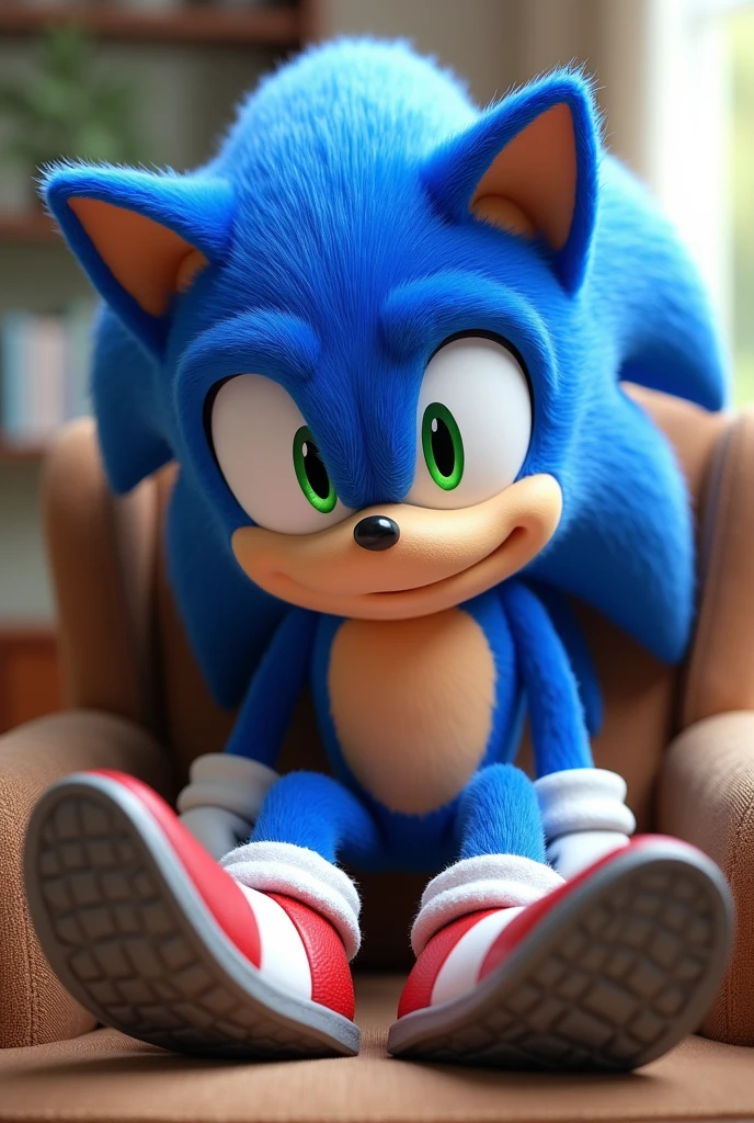 Sonic solo, looking at viewer, smile, 1boy, full body, sitting on chair, looking at viewer