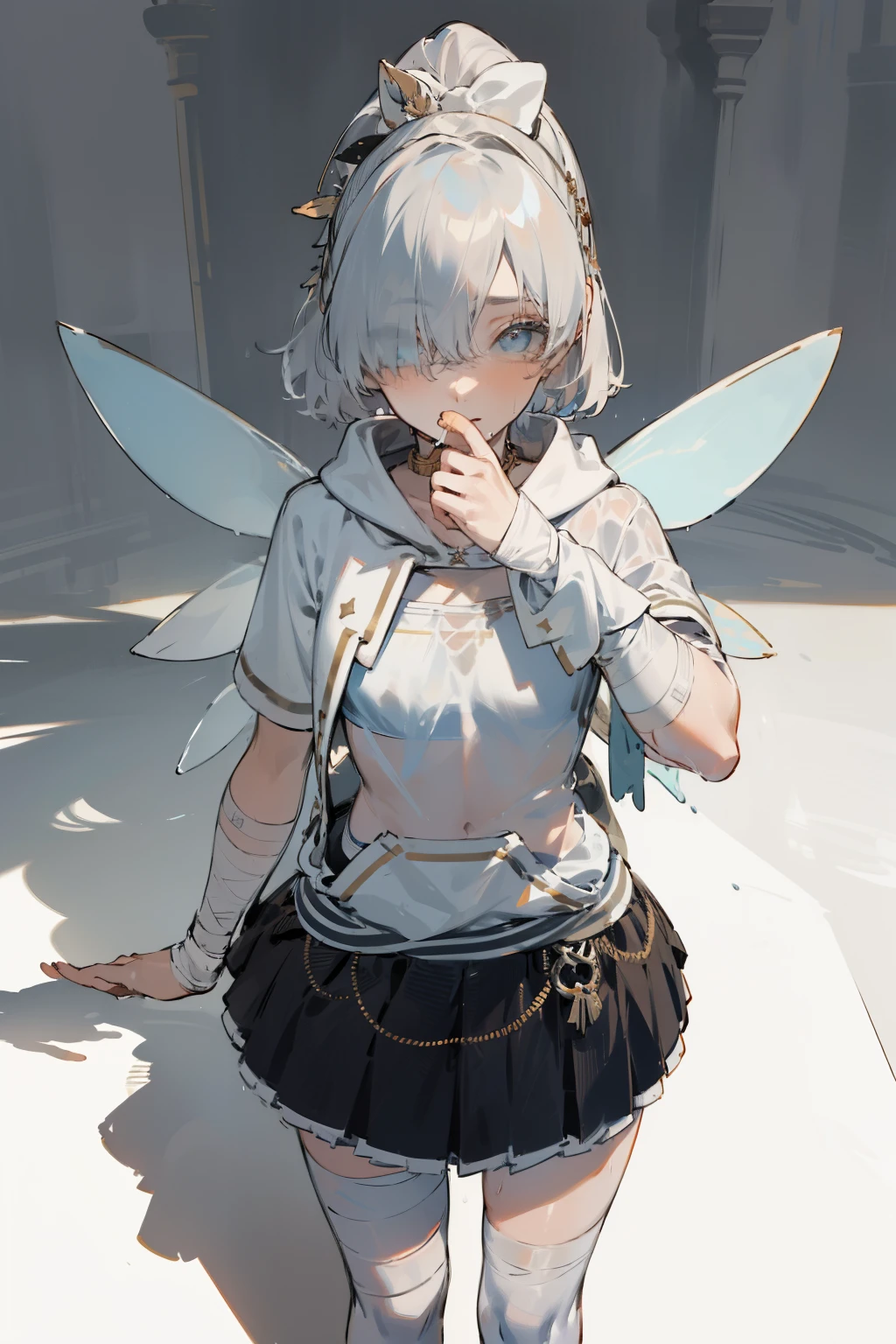 (Masterpiece), (High Quality), perfect light and shadows, sidelight, fairy skin, wet skin, 1 Girl, (((detailed eyes))), deep colds eyes, clear eyes, slim body, bug chest, thin waist, athletic body, multi color hair, bandages, Fashioning cloth, hoody, short skirt, thin t-shirt, bra.