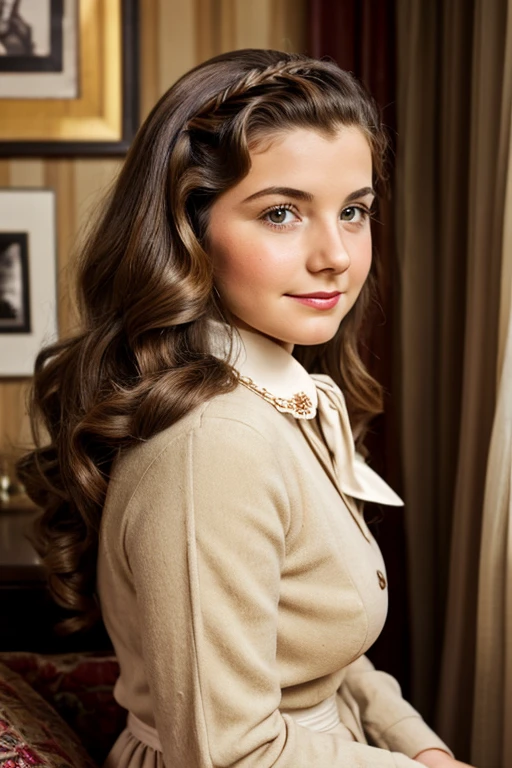 Medium view, of young aged, 16 year old, mom, gilf, milf, face portrait, jewish features, long hair, brown hair, 1940s hair style, 1940s clothing, in cozy home,